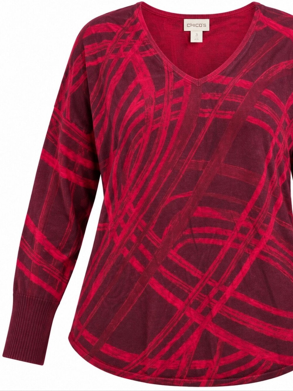 CHICO'S | Burgundy Red Abstract Geometric V Neck Soft Stretch Sweater | XL
